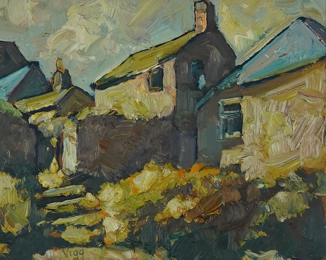 Bob Vigg (1932-2001), ‘Newlyn Cottages’, signed, Cornish impasto oil on board, 19 x 24cm